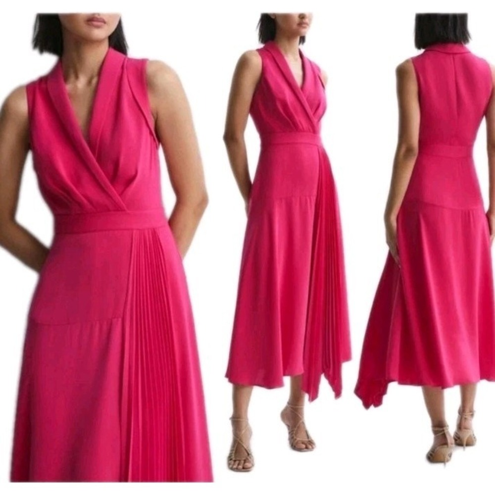 REISS Pink Claire Pleated Midi Dress - UK 8 US 4 Bridesmaid Wedding Prom NWT
